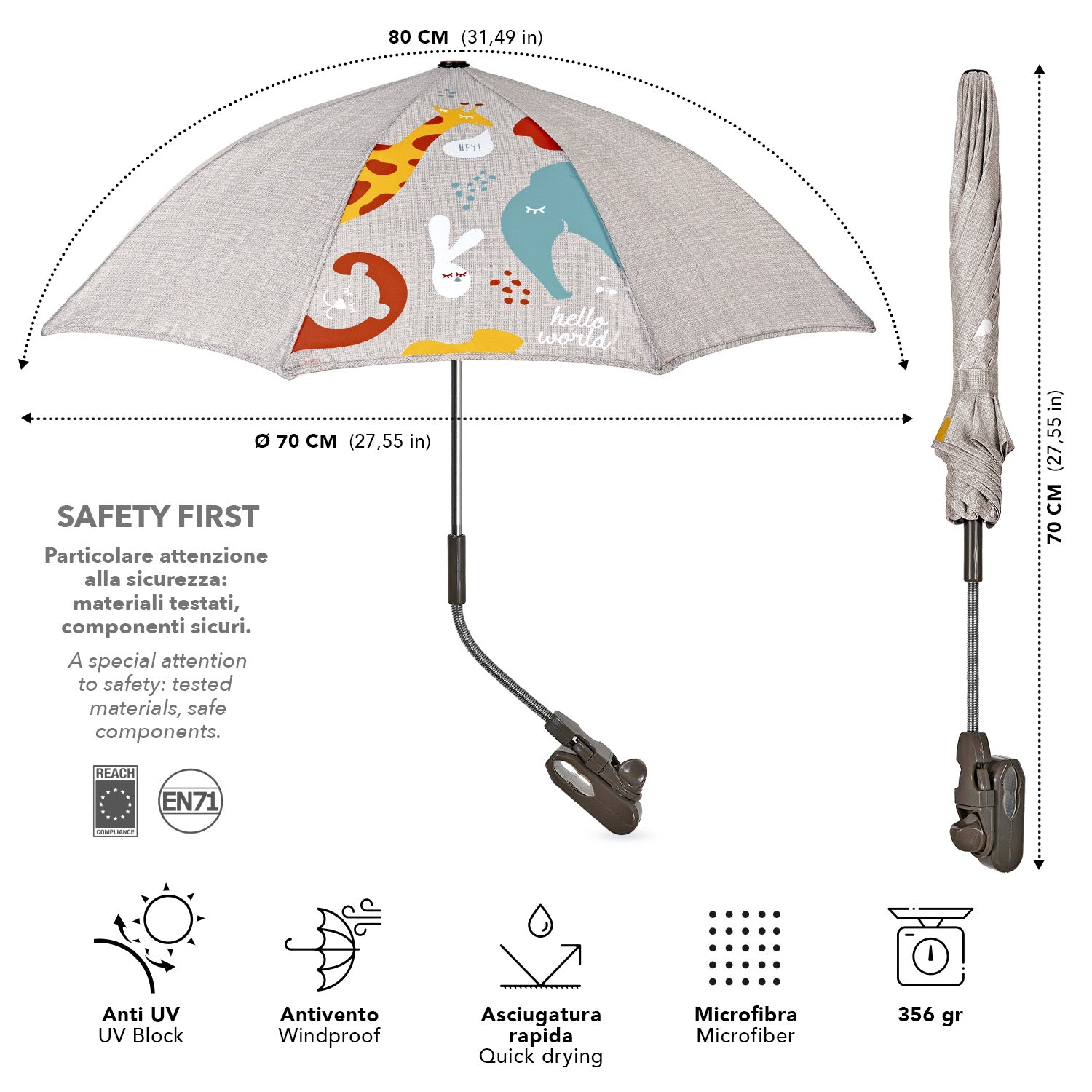 Ombrello Passeggino Universale Stampa Zoo - Perletti