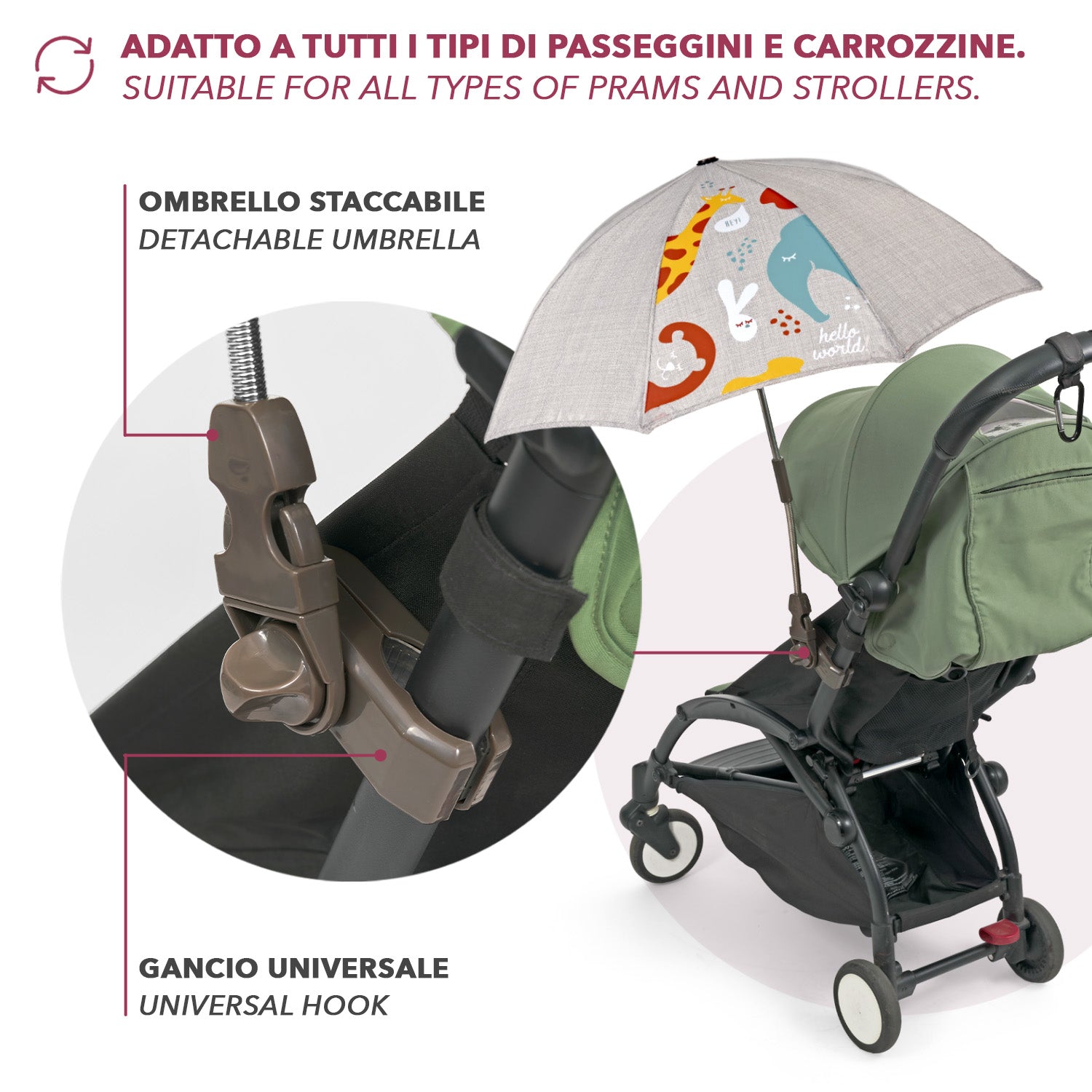 Ombrello Passeggino Universale Stampa Zoo - Perletti