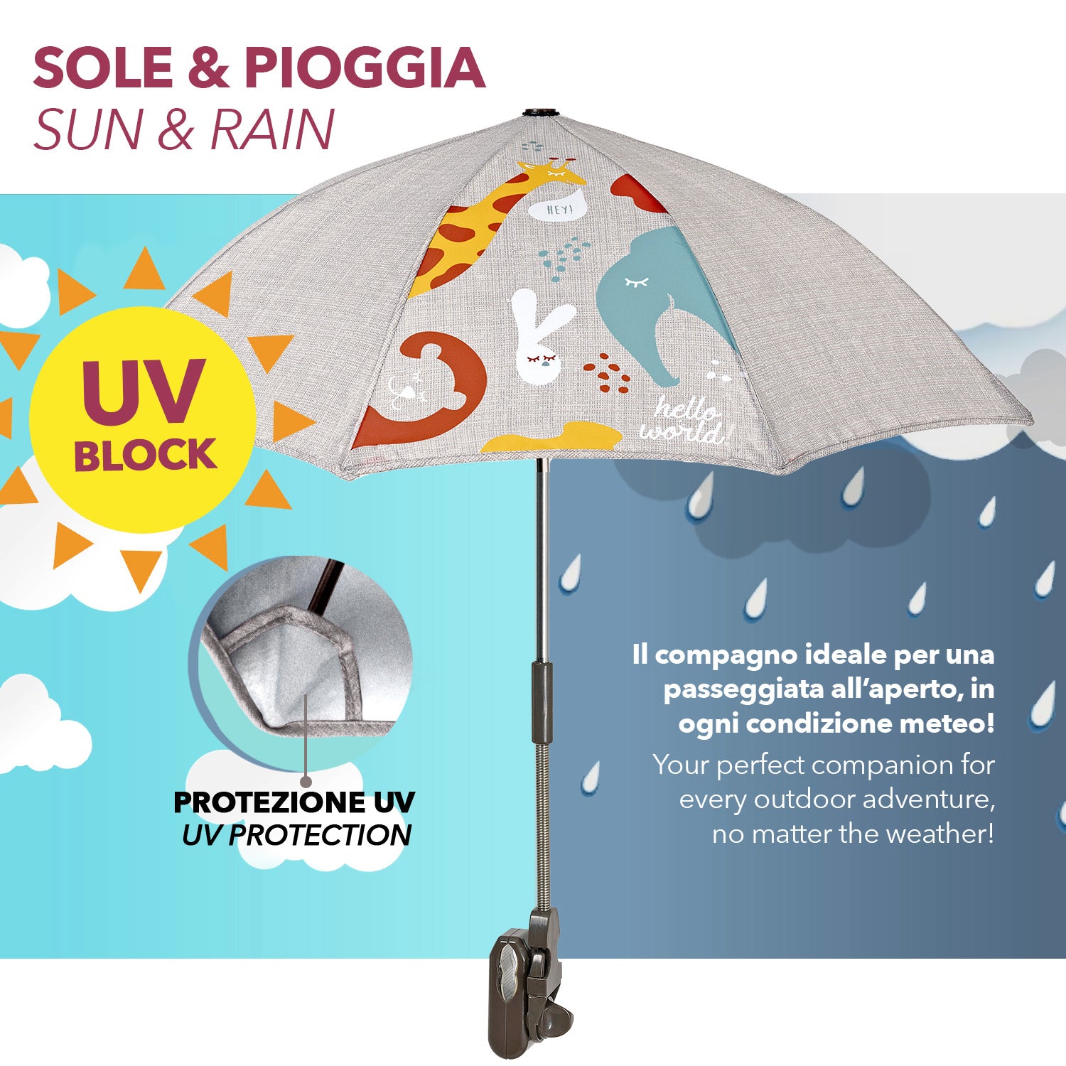 Ombrello Passeggino Universale Stampa Zoo - Perletti