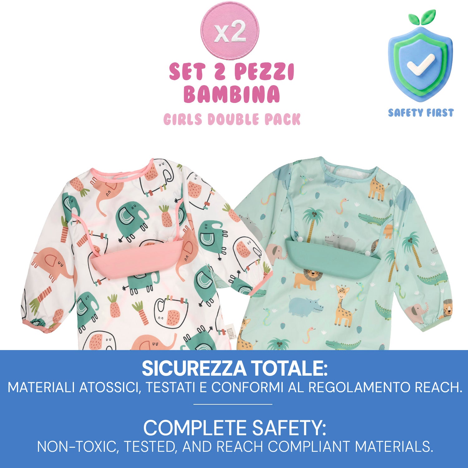 Bavaglino Impermeabile con Maniche - Pack Doppio Bambina - Perletti