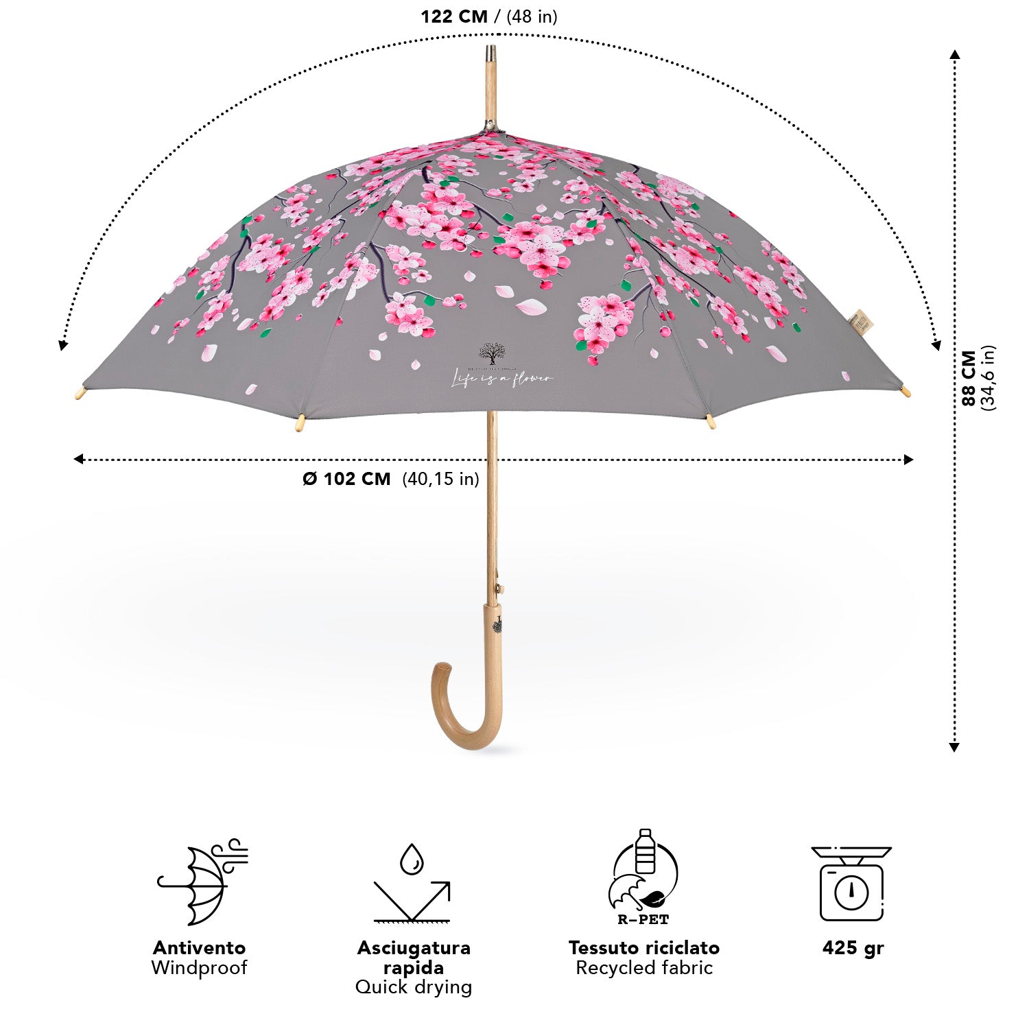 Ombrello Green Lungo Fiori di Ciliegio - Perletti