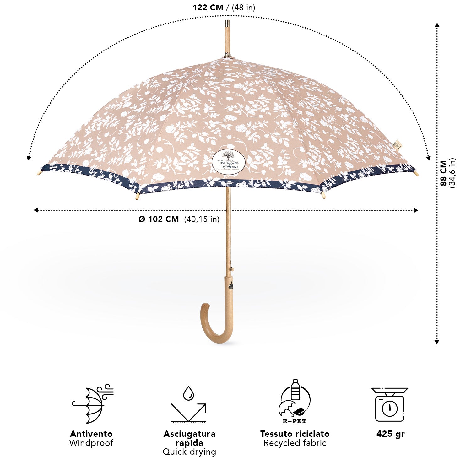 Ombrello Green Lungo Fiore Bianco - Perletti