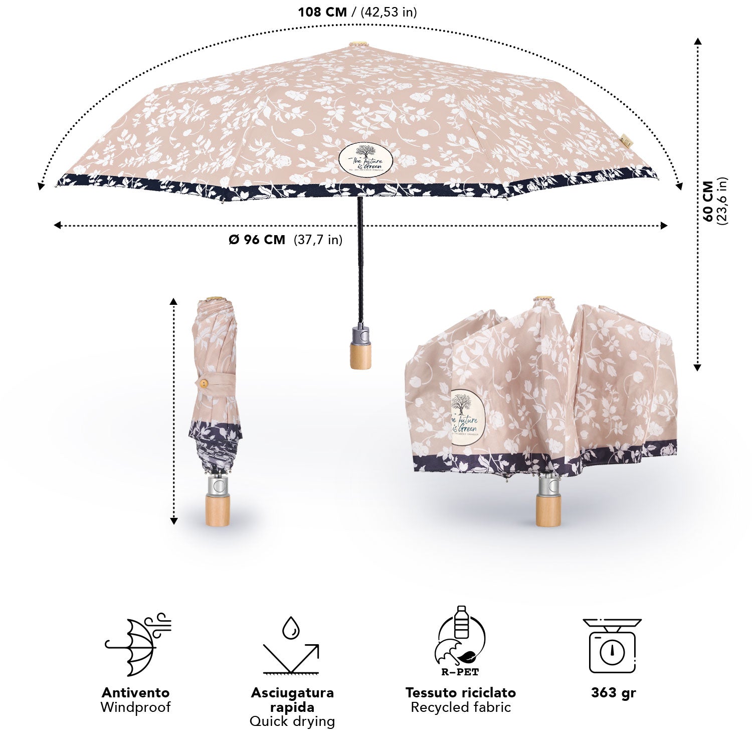 Ombrello Green Automatico Fiore Bianco - Perletti