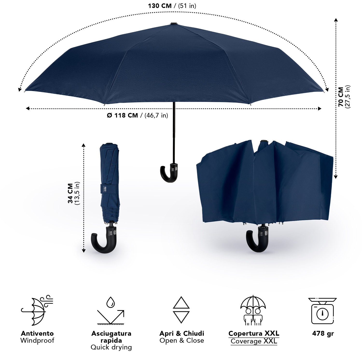 Ombrello Technology Tinta Unita con Manico Curvo - Perletti