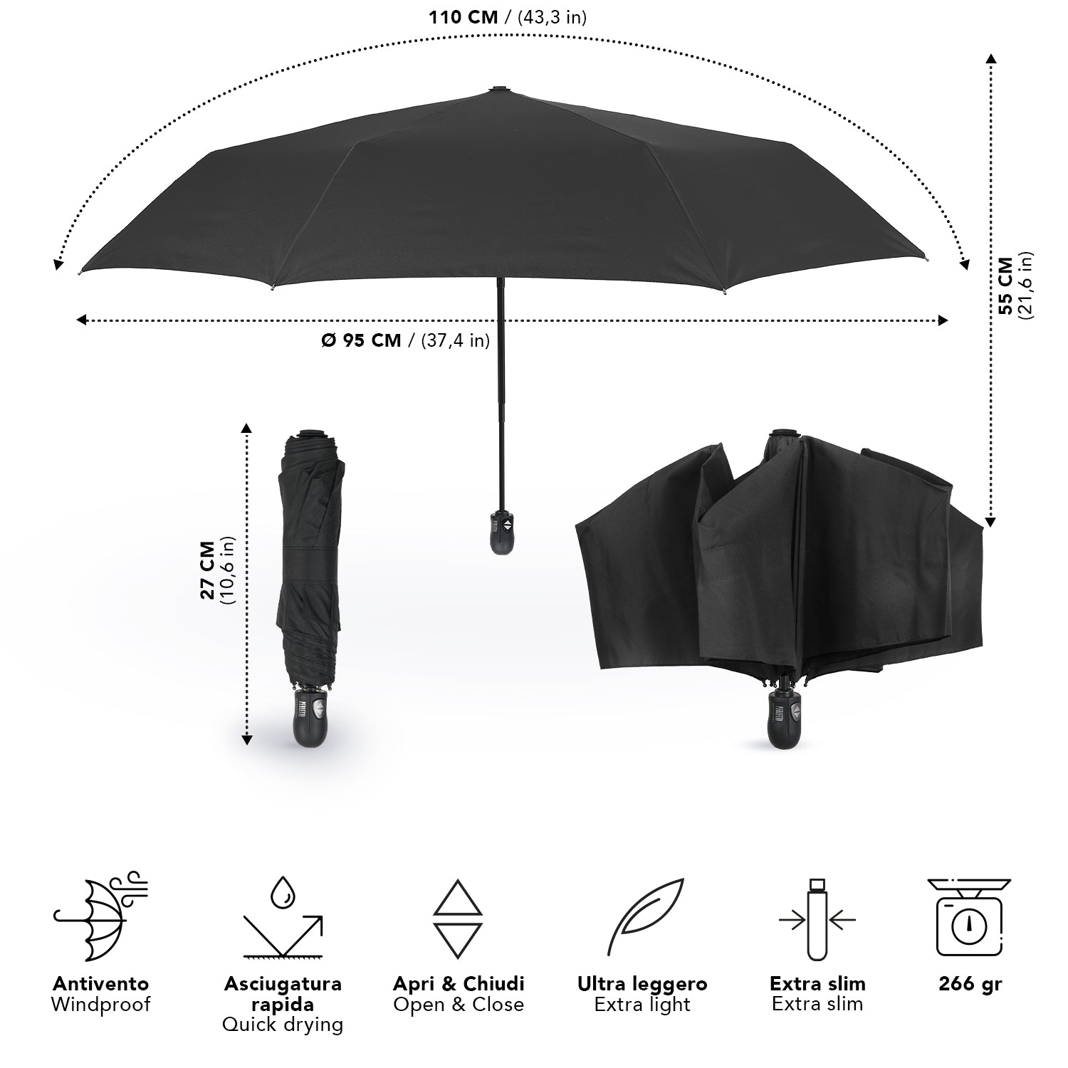 Ombrello Nero Extra Compatto - Perletti