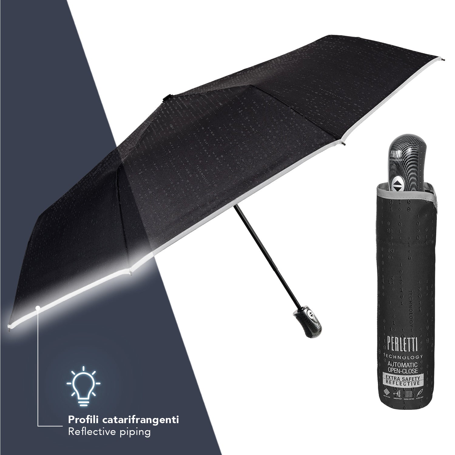 Ombrello Nero Bordo Catarifrangente Apri e Chiudi Automatico - Perletti