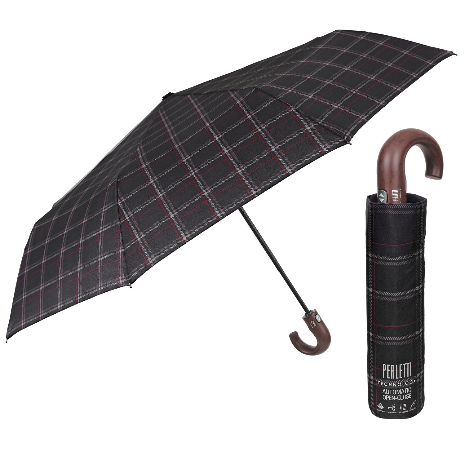 Ombrello Technology Apri e Chiudi Tartan con Manico Curvo - Perletti