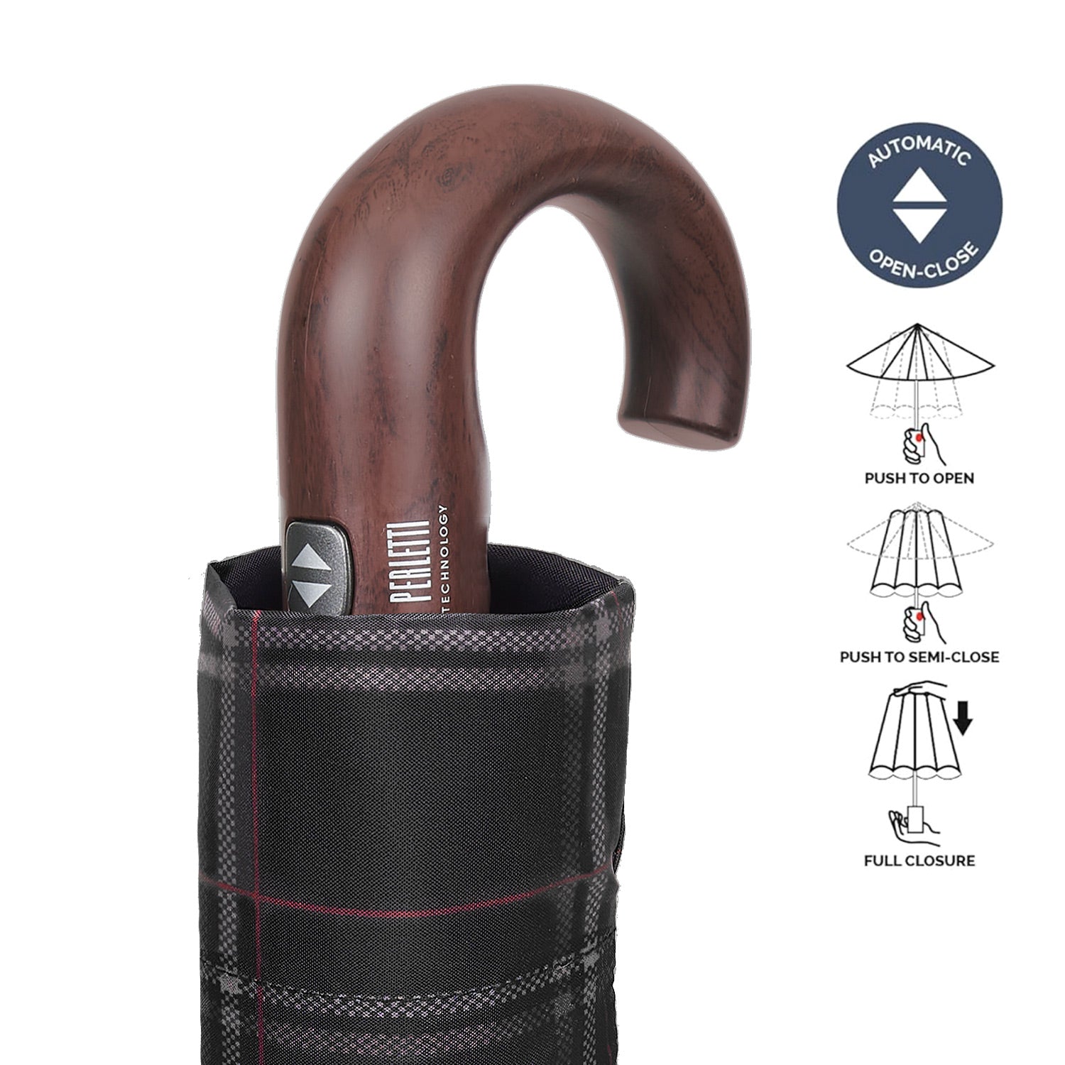 Ombrello Technology Apri e Chiudi Tartan con Manico Curvo - Perletti