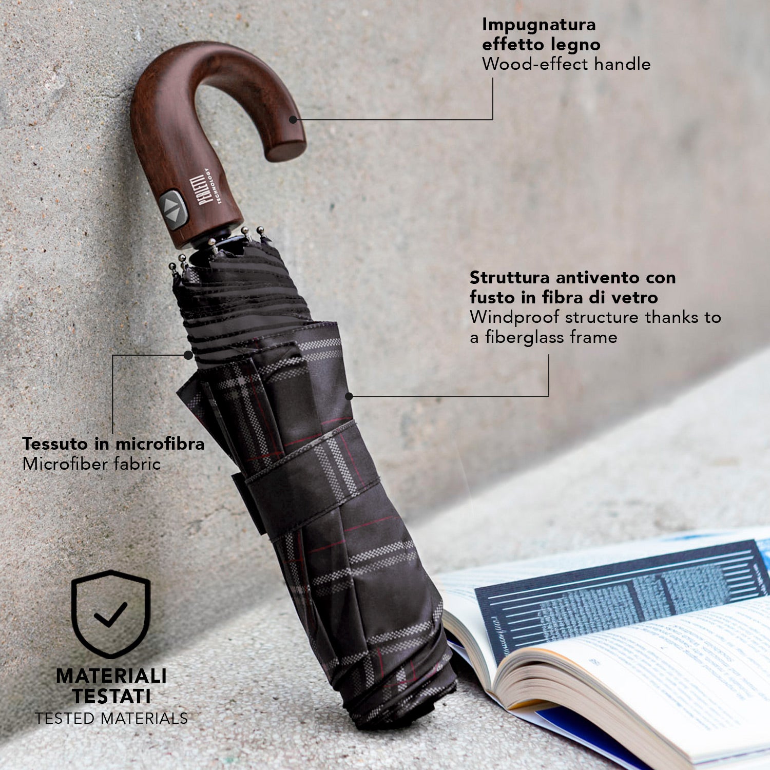 Ombrello Technology Apri e Chiudi Tartan con Manico Curvo - Perletti