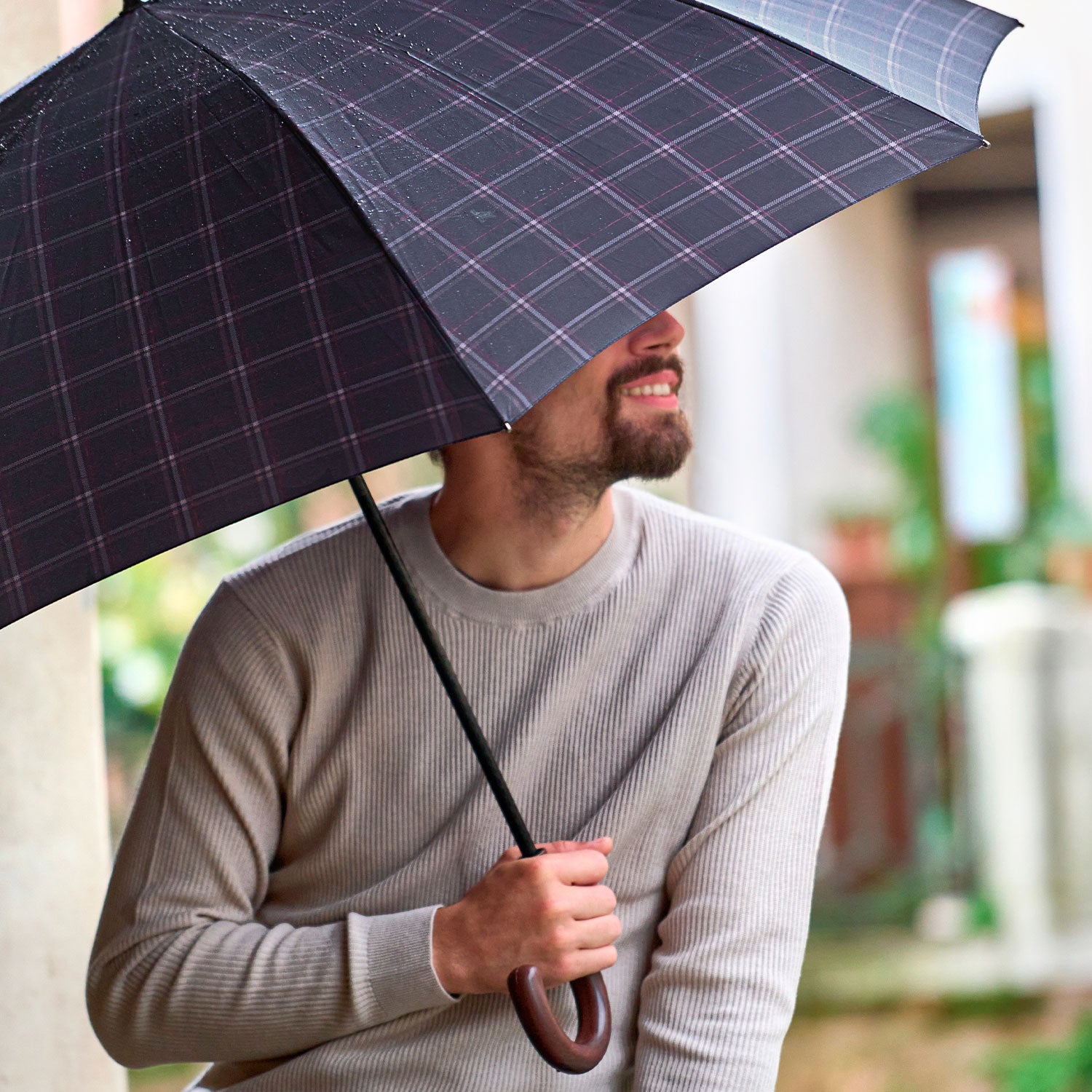 Ombrello Technology Apri e Chiudi Tartan con Manico Curvo - Perletti