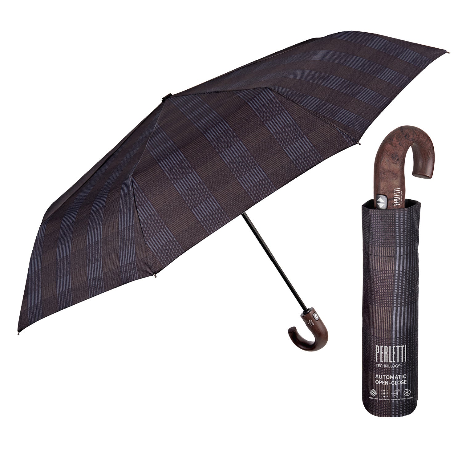 Ombrello Uomo Technology Apri e Chiudi Tartan con Manico Curvo