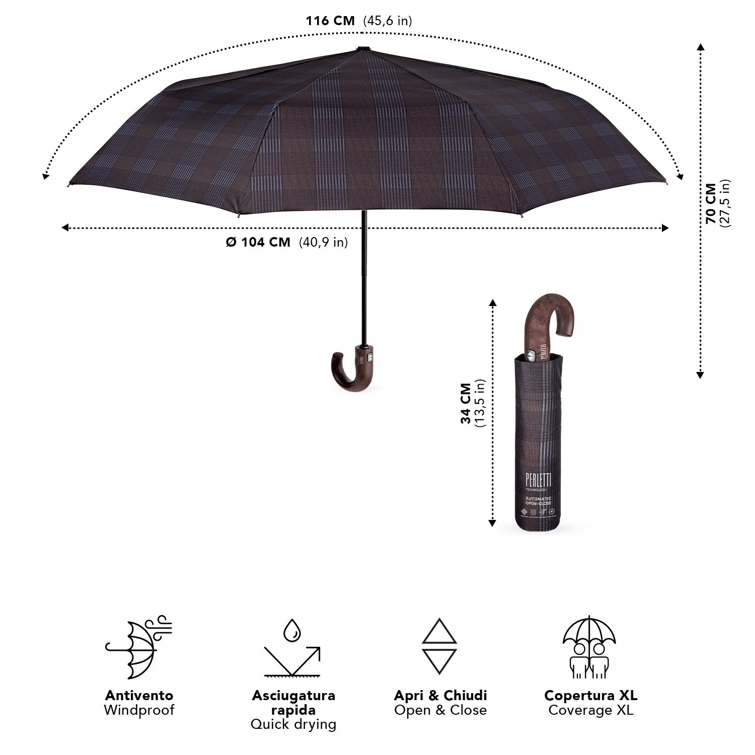 Ombrello Uomo Technology Apri e Chiudi Tartan con Manico Curvo
