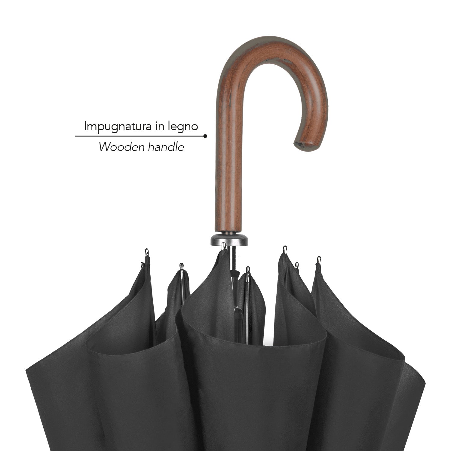 Ombrello Lungo Nero con Manico in Legno - Perletti